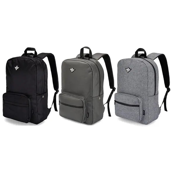 The Erozul Legend Smell Proof Back Pack by Erozul is shown in black, dark gray, and light gray. Each backpack includes a front pocket, zipper closures, small front logo, and an anti-theft combination lock for enhanced security.